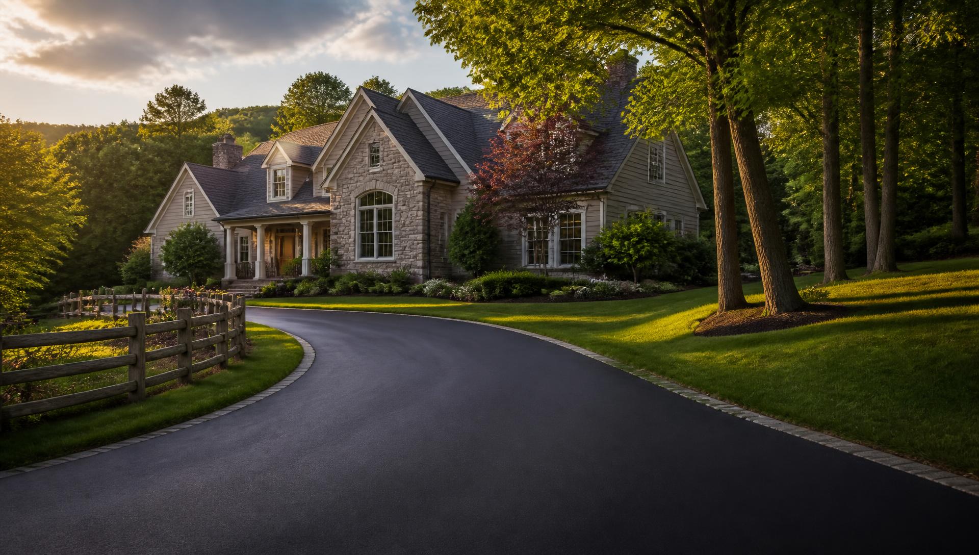 Newly paved asphalt driveway leading to a Northern New Jersey home